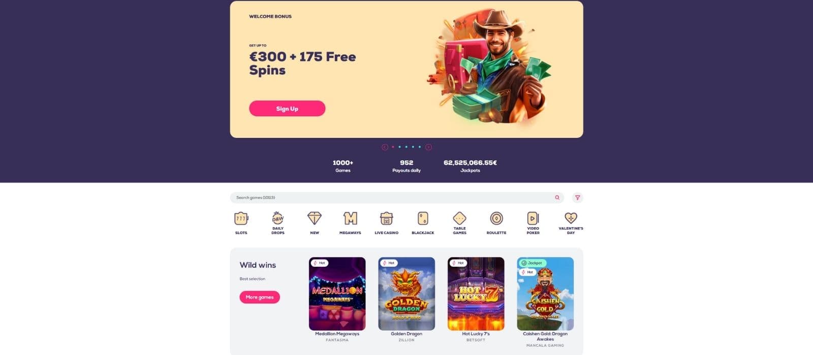 Wildofortune.io landing page showing a few slots, game categories and the welcome bonus offer