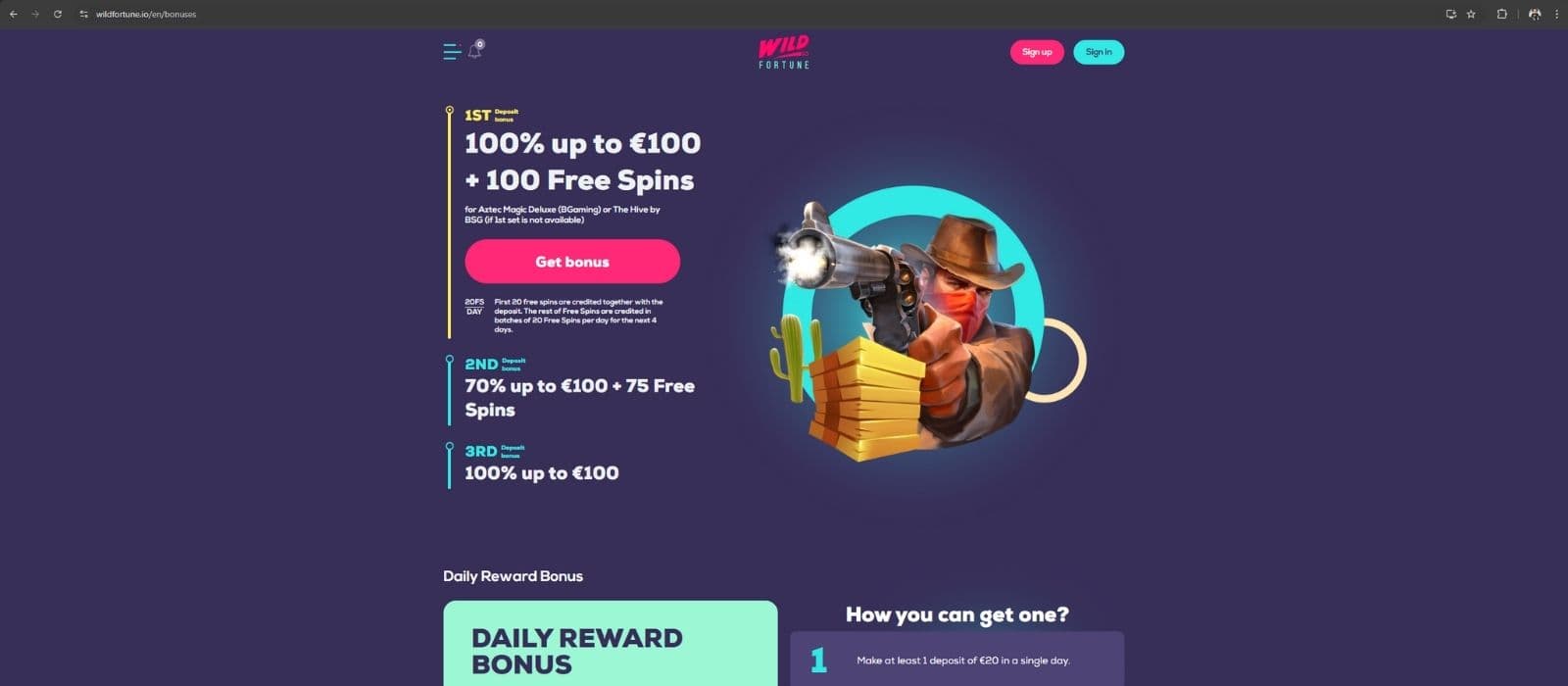 Wildfortune.io promotions page showing the welcome bonus offer and the daily reward bonus offer. 