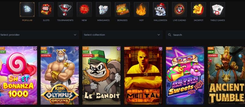 Windetta gaming page with thumbnails of different video slots with categories at the top of the page.