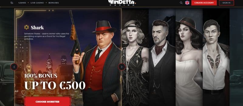 The main page of Windetta features glamorized images of characters with the frontman holding a gun.