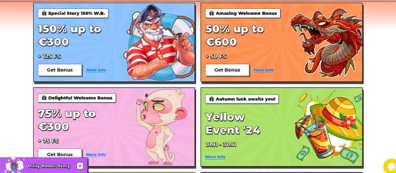 The promotion page at Winstoria has several bonuses, including a first deposit offer of a 150% deposit bonus of up to 300 EUR + 125 free spins.