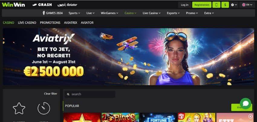 Winwin Casino's homepage, showing the Aviatrix tournament with a €2,500,000 prize pool.