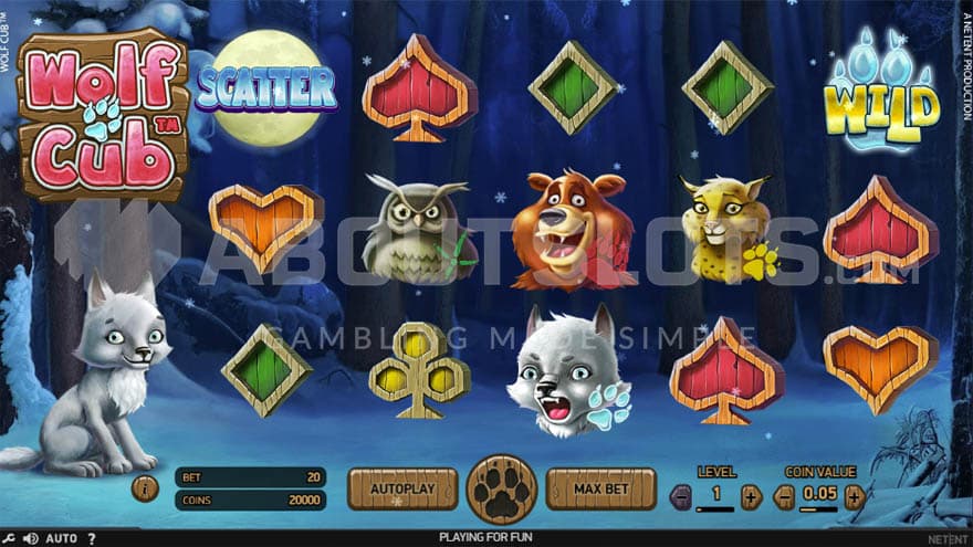 Base game showing a 5x3 grid with a mix of low and high-value symbols and a wolf pup sitting on the left.