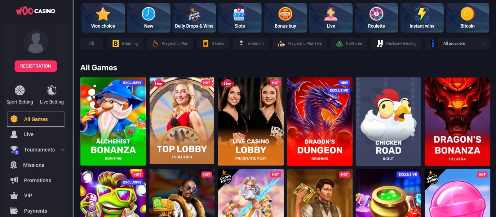 Woo Casino games page with Live Table games and Slot games