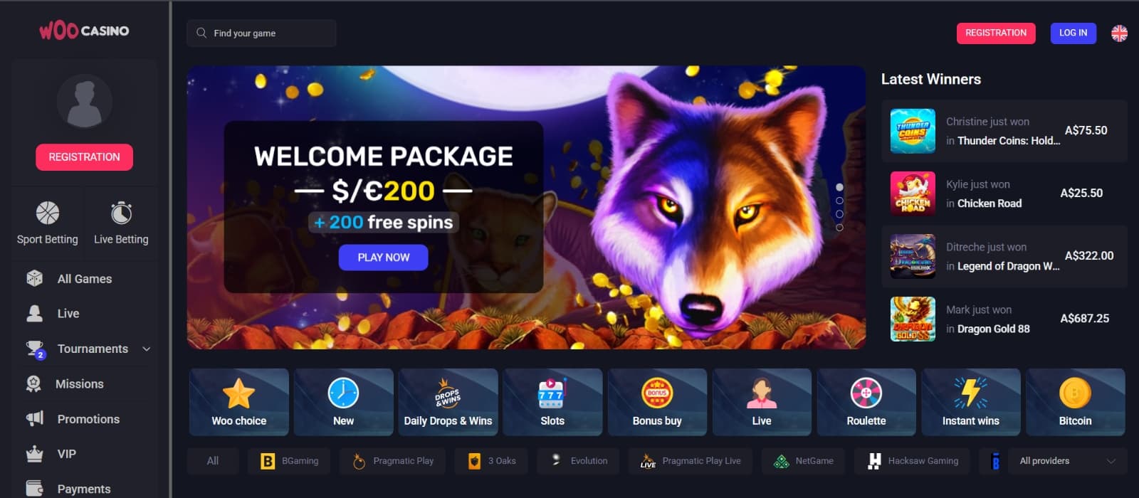 Woo Casino landing page with Wolf Gold Slot  banner and welcome package