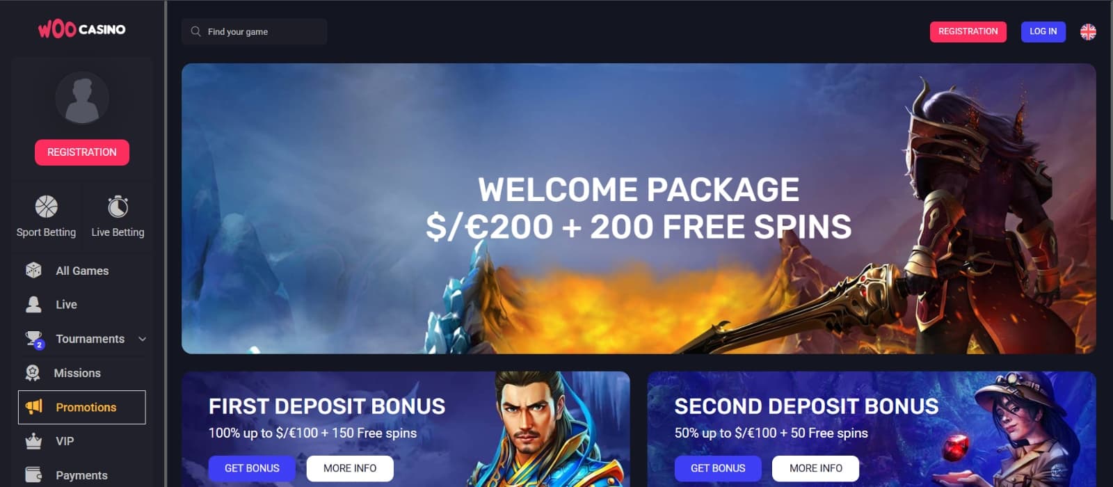 Woo Casino Promotions page with welcome package of 200 eur and 200 free spins