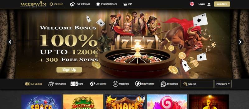 The landing page at WoopWin with a welcome offer of 100% up to 1,200 EUR + 300 free spins in the center.