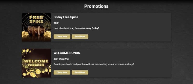 The promotion page at WoopWin offers Friday Free Spins and a Welcome Bonus.