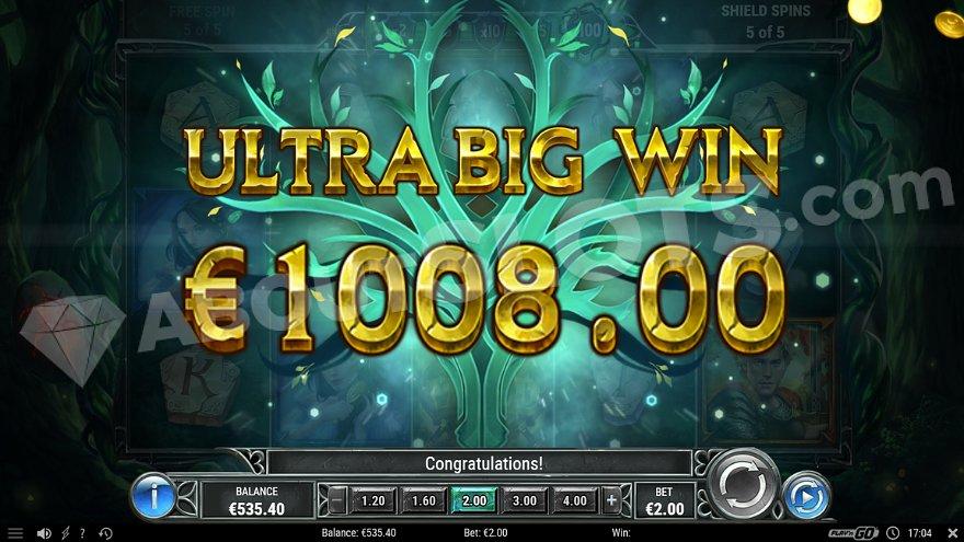 A text saying: "Ultra Big Win €1,008.00" on a €2 euro bet.