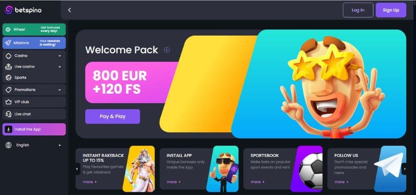 Betspino homepage, showing €800 welcome package flanked by a game avatar