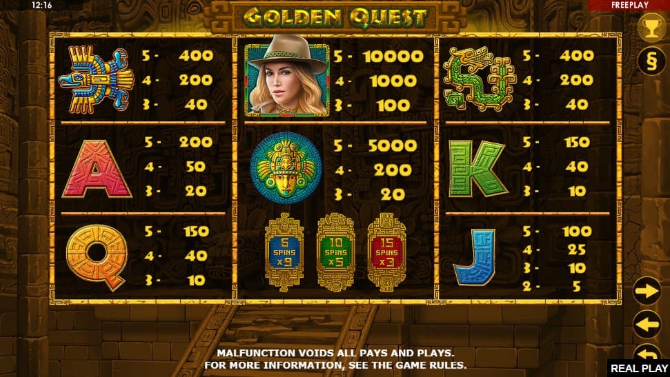 Golden Quest Slot Paytable