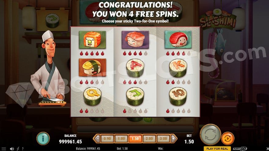 A menu letting the player choose one of nine regular paying symbols as the special Two-for-One symbol during the free spins.