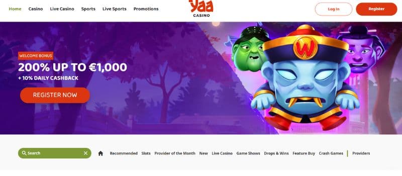 The main page for Yaa Casino, features a welcome bonus of 200% up to 1000 EUR, and a menu is at the top and to the left.