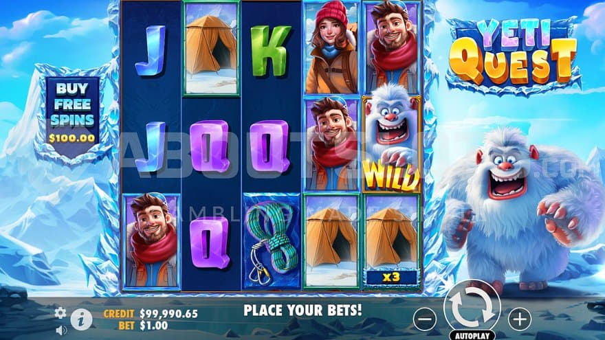 A casino slot in a winter landscape with a yeti besides.