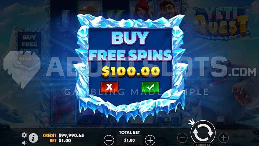 A screen offering the free spins for 100X the bet.