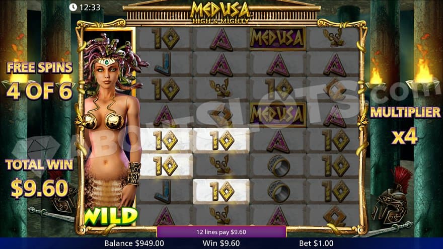 A win of 9.6X the bet on the fourth of six free spins.