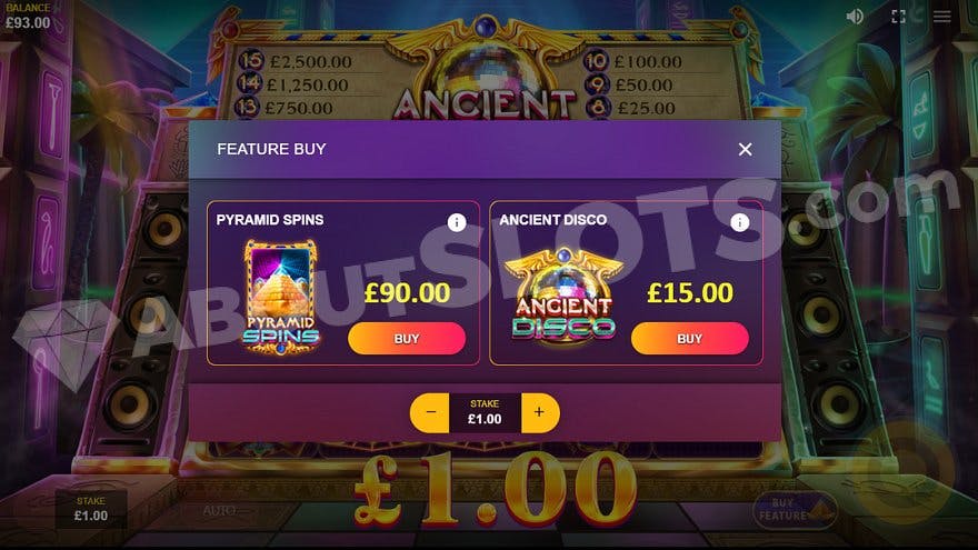 A menu where the player can buy the Pyramid Spins for 90X the bet or the Ancient Disco feature for 15X the bet.