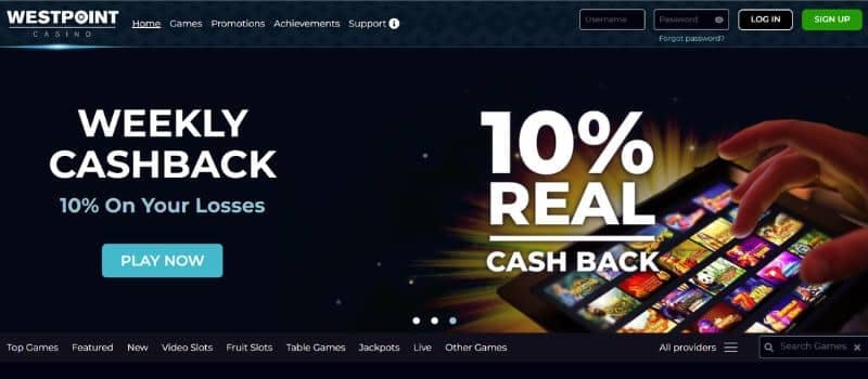 The login and sign in page for FortuneJack where a cashback offer is displayed.