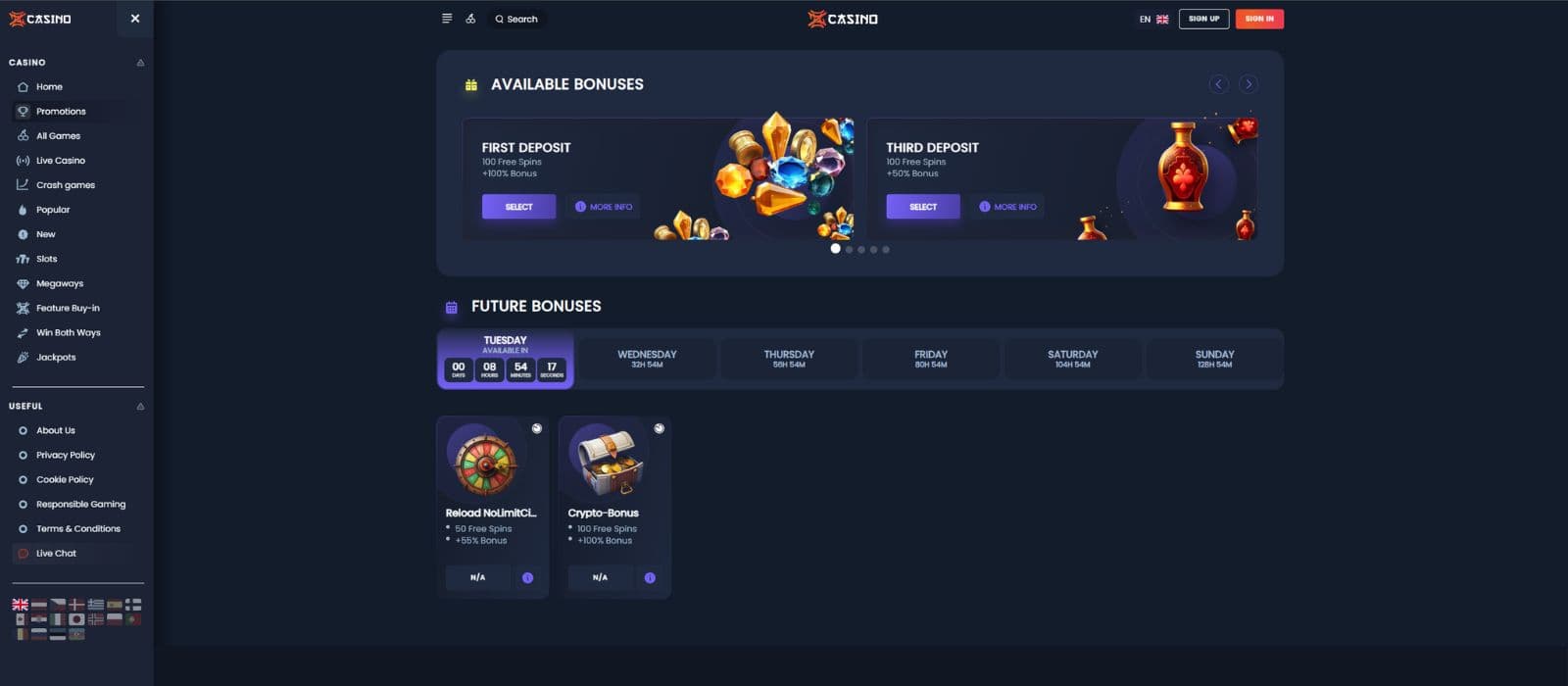 ZenCasino promotions page showing some of the available bonuses and the welcome bonus offer. 