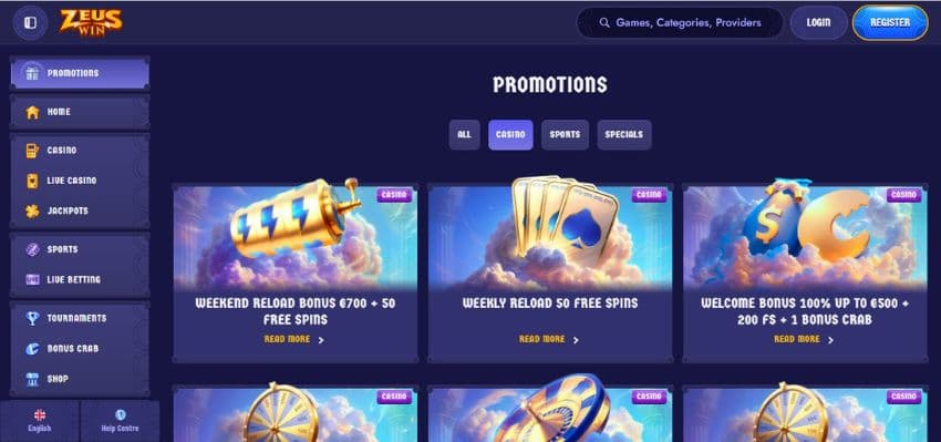 ZeusWin Casino's promotions page, showing the welcome package and other weekly bonuses.