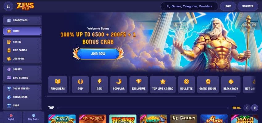 ZeusWin Casino's homepage, showing the 100% welcome bonus up to €500 flanked by a game avatar.