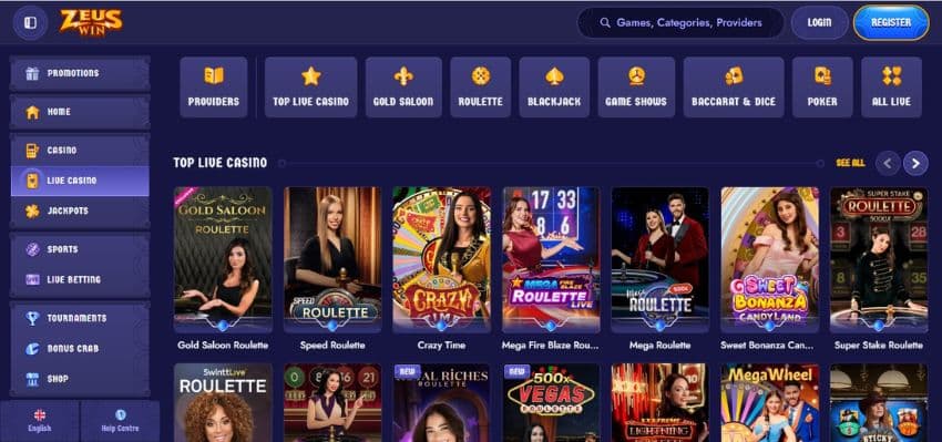 ZeusWin Casino's live games section, showing variations of roulette and tabs for blackjack, baccarat and other live casino subsections.