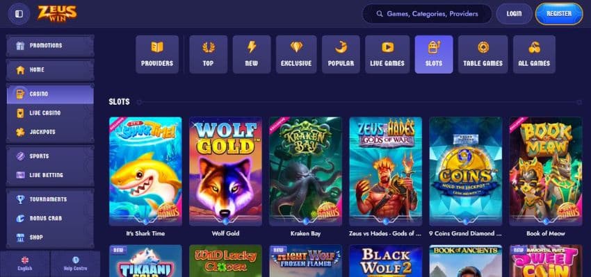 ZeusWin Casino's slot games category, showing titles, such as Wolf Gold, Black Wolf 2, and other games 