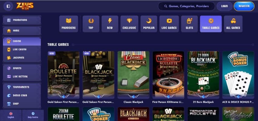 ZeusWin Casino's table games section, showing variations of roulette, blackjack, and poker.