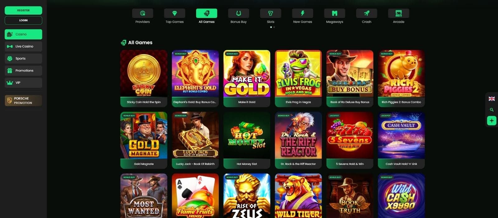 ZipCasino games page with an overview of different slots and game categories