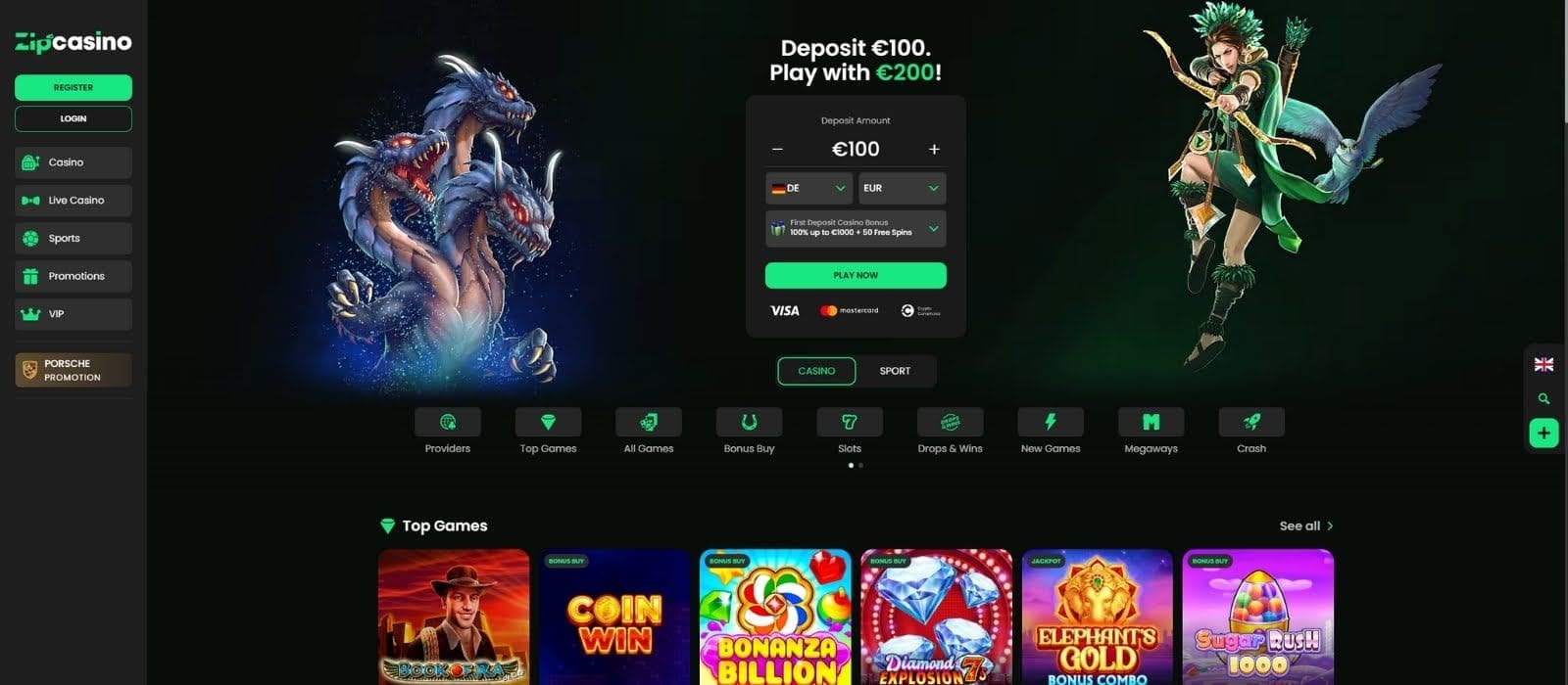 ZipCasino landing page with the welcome bonus offer and a selection of games