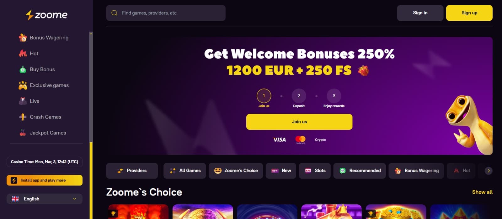 Zoome Casino landing page with yellow gecko on purple bonus banner 