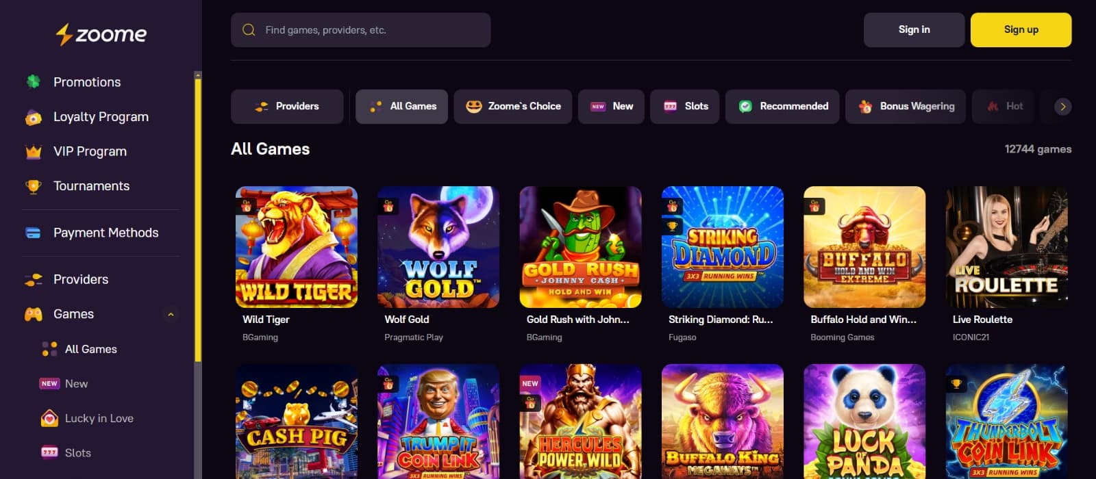 Zoome Casino games page with Wolf, Tiger and Pickle slot games