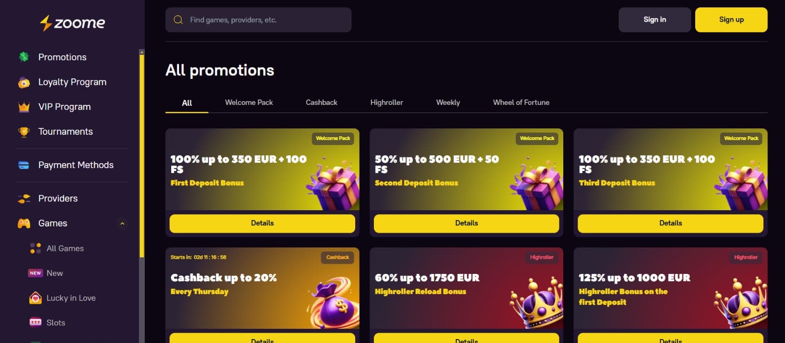 Zoome Casino promotions page with golden bonus tiles and purple gifts, coin bags and crowns