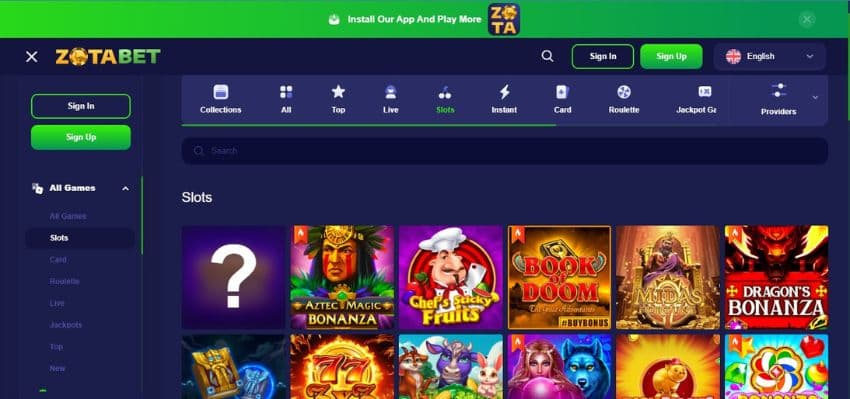 Zotabet Casino's slot games category, showing titles such as Aztec Magic Bonanza and other games.