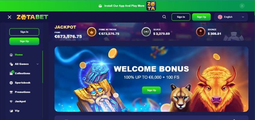 Zotabet Casino's homepage, showing the welcome bonus and game avatars.