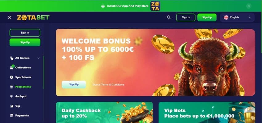 Zotabet Casino's promotions page, showing the welcome bonus worth up to €6,000 plus 100 free spins.