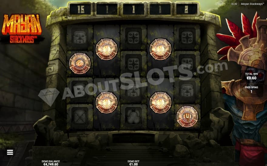 Mayan Gold bonus game with coin symbols on the reels.