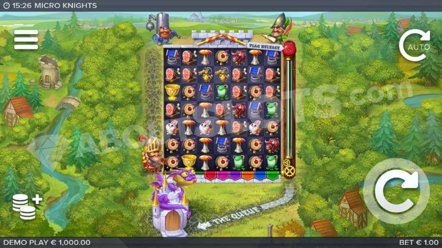 Base game with a purple dragon climbing a castle below the reels.