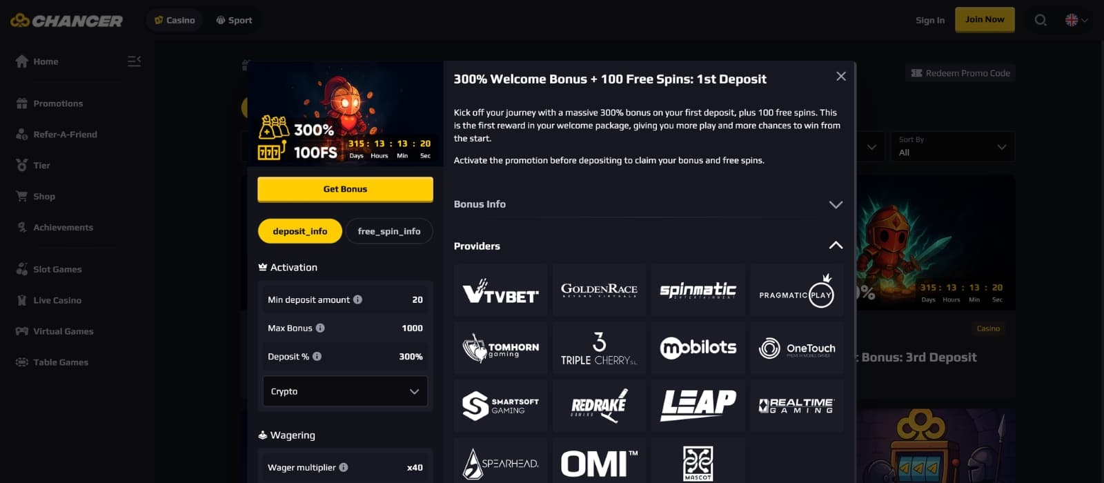 Chancer bonus page showing welcome bonus details and promotional offers