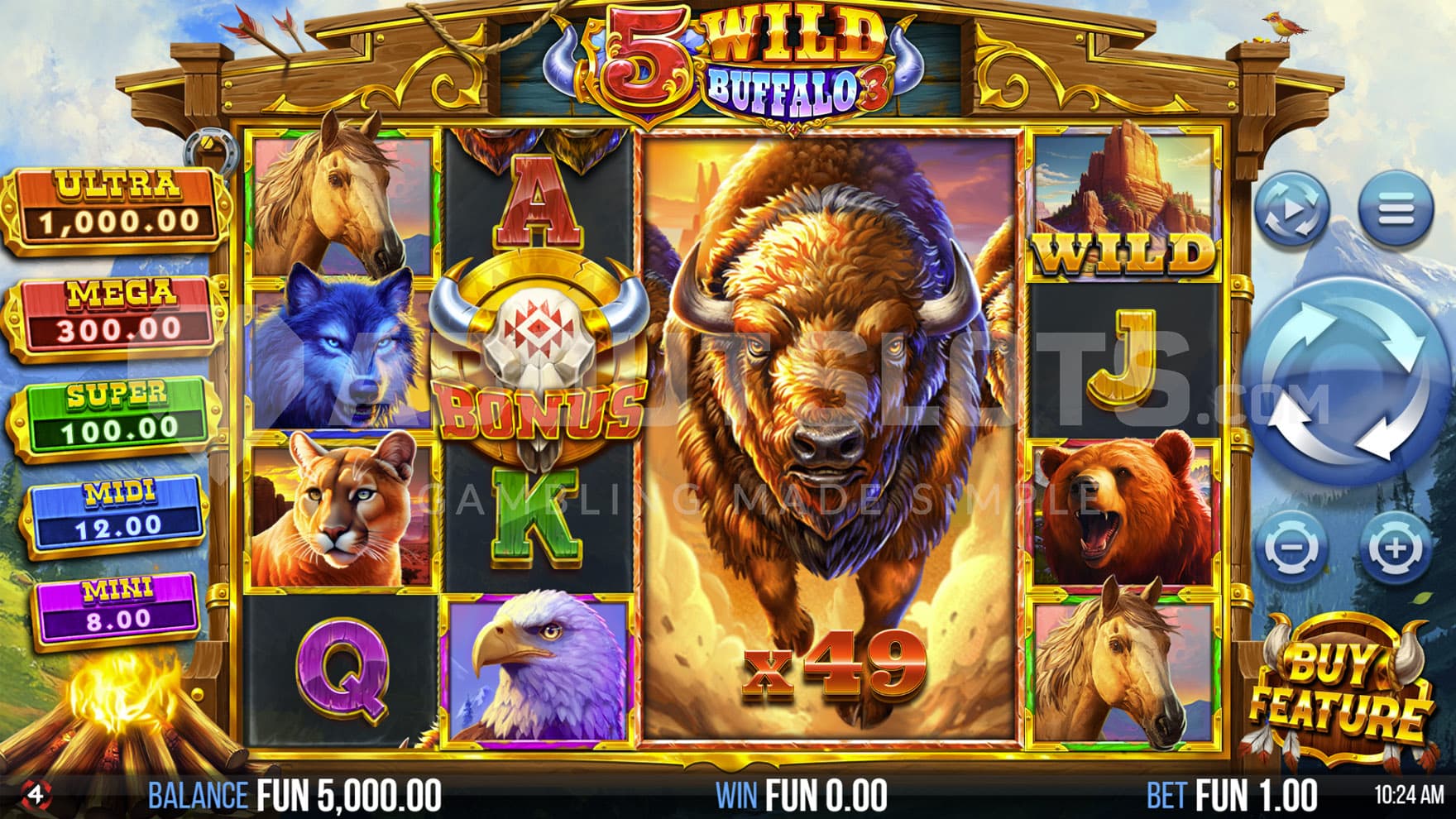 Base Game view of a 5x4 grid on a backdrop of a mountainous, natural landscape.