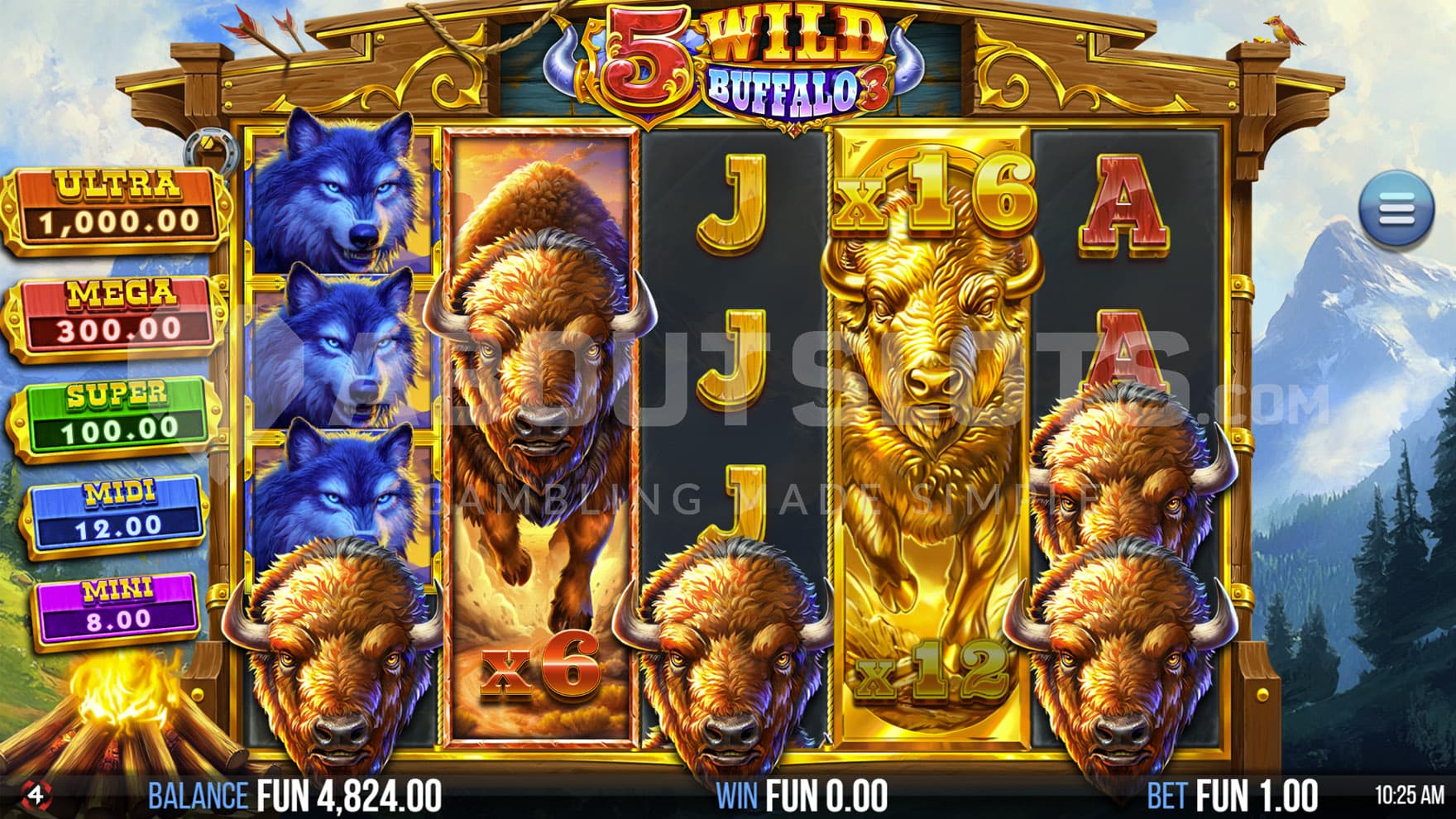 Buffalo Thunder feature triggered in the base game, awarding multipliers on the full-stacked reels.