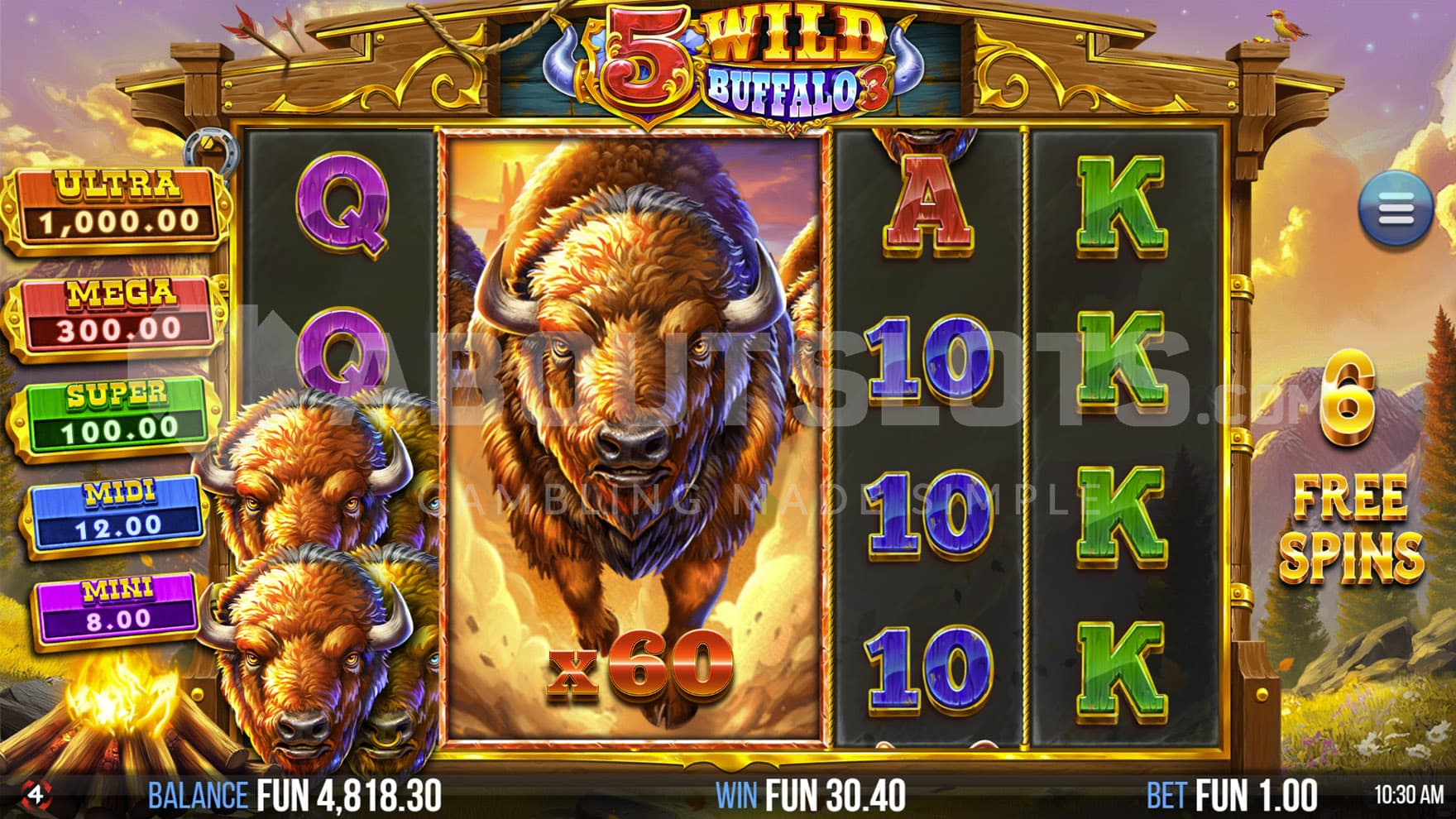 Free Spins bonus in progerss, showing reels 2 and 3 merging into one reel with high multiplier.