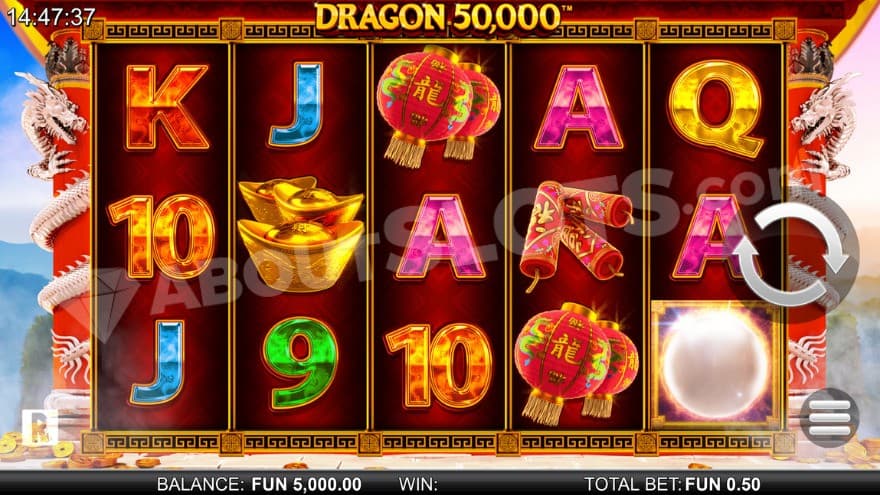 Base game with dragons on the side of the reels.