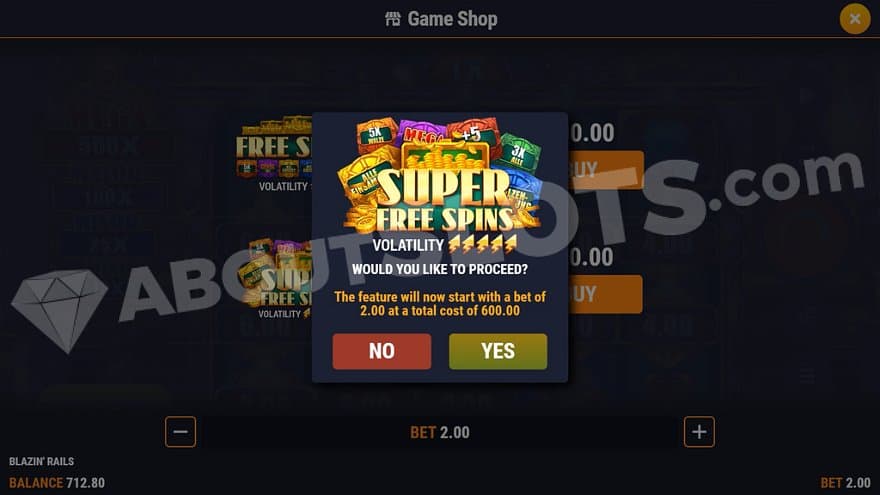 A menu offering the Super Free Spins for 300X the bet.