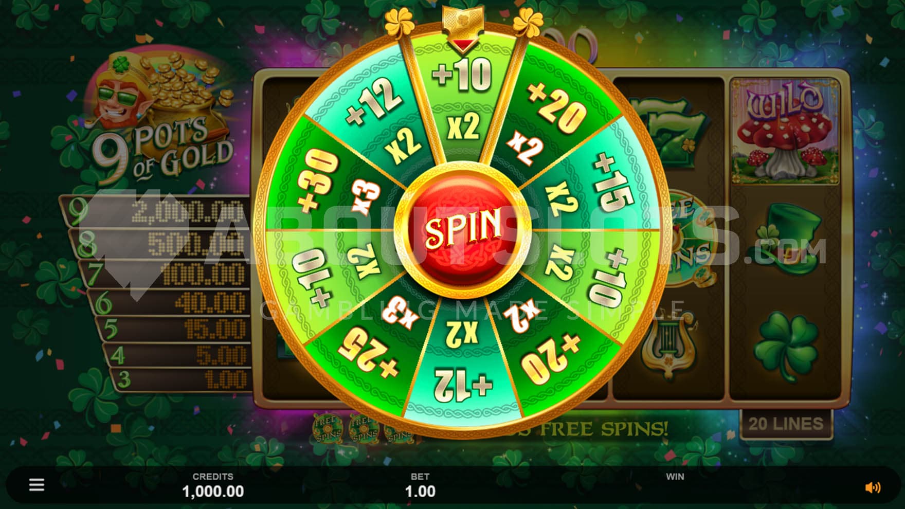 Bonus wheel displayed before free spins where the number of spins and the win multiplier is determined.