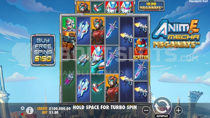 An anime playing grid filled with weapons and giant robots as symbols