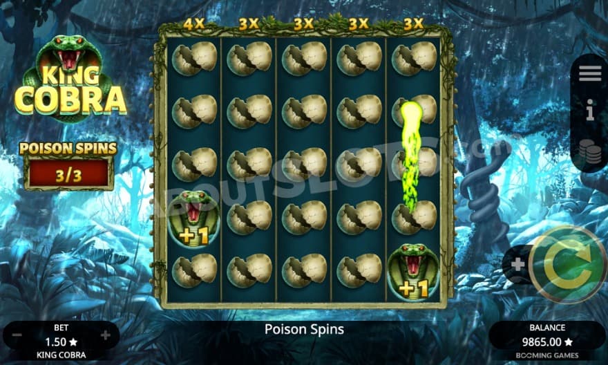 Poison Spins bonus game with two green cobras on the reels.