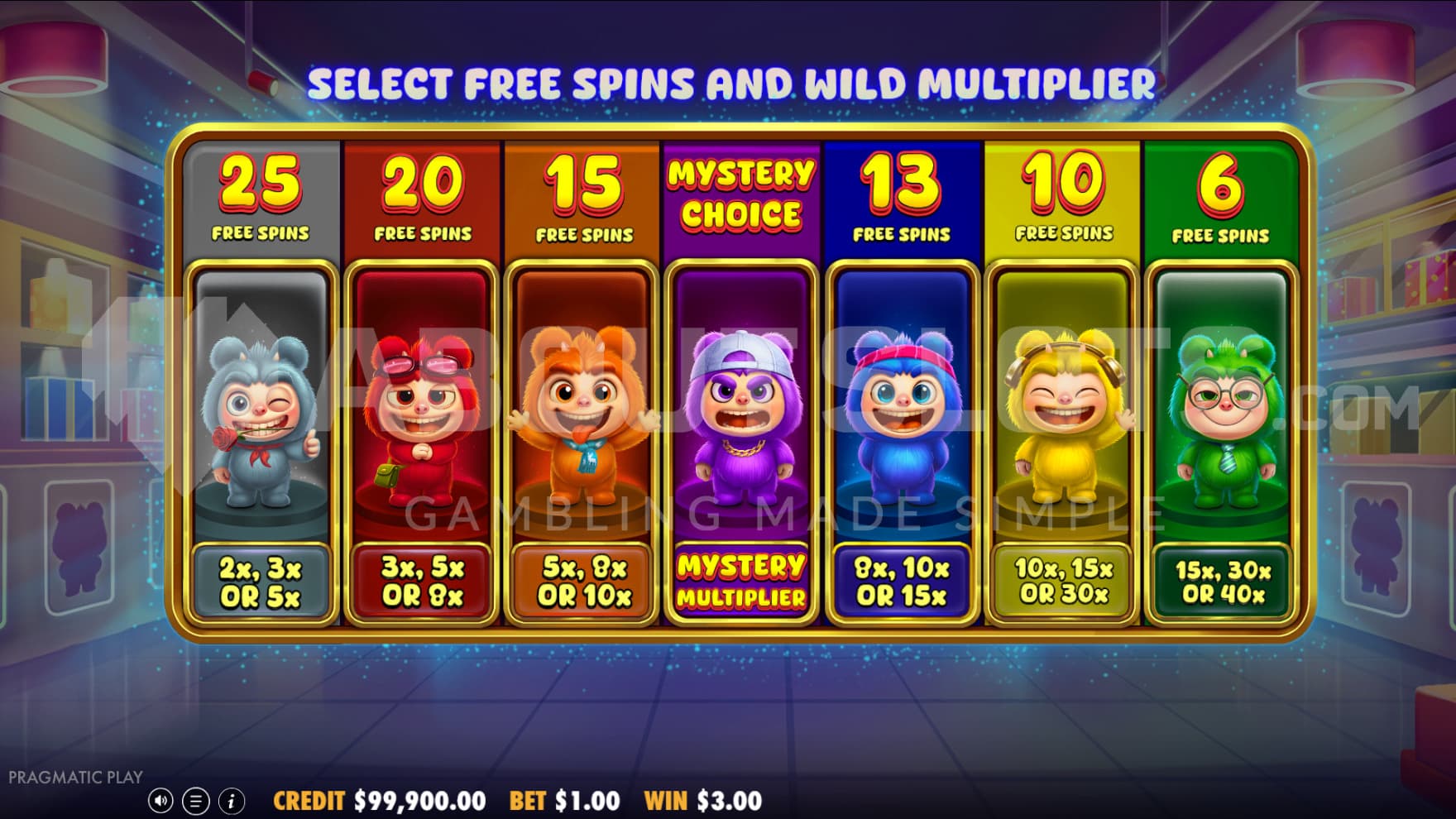 From the Bonus Game Picker you can choose how many spins and Wild Multipliers you want to play with