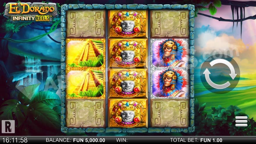 Base game with a waterfall on the left of the reels.