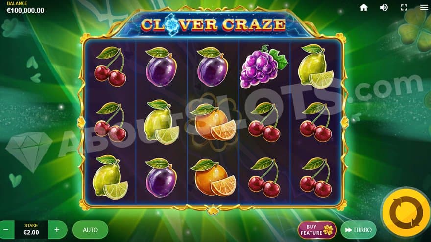 A casino slot with five reels on a green background.